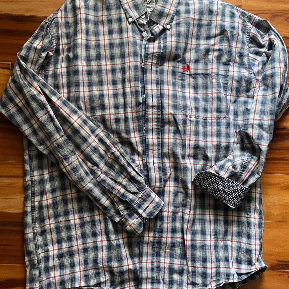 Cinch Men's Button-Down Plaid Shirt in Blue, White & Red